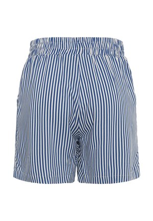 Pantalones cortos casuales con cintura elástica de rayas verticales azul y blancas, con bolsillos laterales, diseñados para la comodidad y el uso diario.