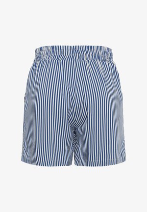 Pantalones cortos casuales con cintura elástica de rayas verticales azul y blancas, con bolsillos laterales, diseñados para la comodidad y el uso diario.