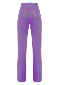 Pantaloni in velour viola con vestibilità comoda, caratterizzati da strass che formano la scritta "Juicy" sul davanti. Texture liscia, cintura elastica.