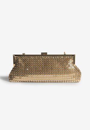 Beaded gold clutch bag with a rectangular shape, metallic frame closure, and sparkling rhinestone embellishments on the exterior.