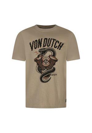 T-shirt en coton beige présentant un graphique central d'un serpent et d'un moteur de moto avec le texte "VON DUTCH" en gras avec des accents noirs et rouges.