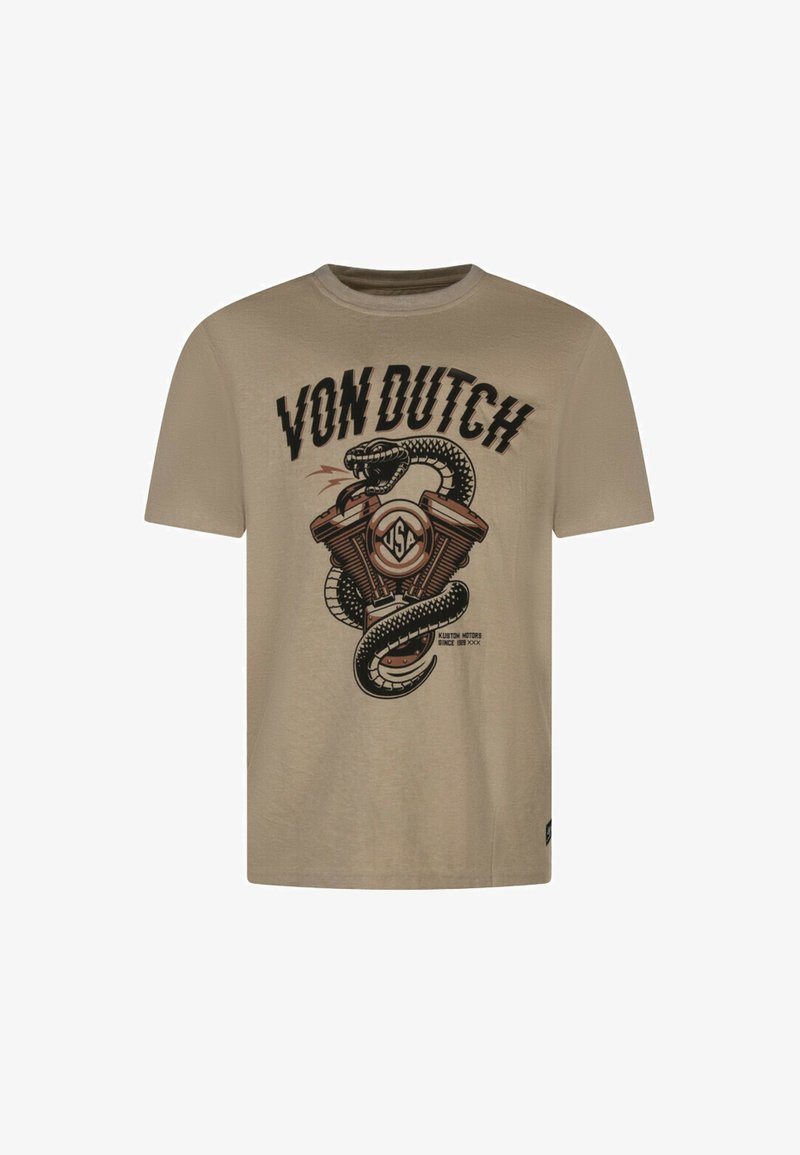 T-shirt en coton beige présentant un graphique central d'un serpent et d'un moteur de moto avec le texte "VON DUTCH" en gras avec des accents noirs et rouges.