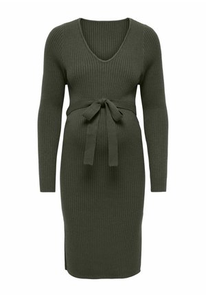 Robe de maternité à manches longues en maille côtelée vert olive, col en V et nœud à la taille, longueur genou avec fentes sur les côtés.