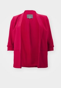 Červené sako na míru s tříčtvrtečními rukávy, vyrobené z hladké látky, s otevřeným předním dílem, jemnými šicími detaily a bez zapínání.