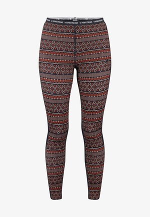 Musterleggings mit einem geometrischen Design in Schattierungen von Rot, Braun und Schwarz, hergestellt aus einem dehnbaren, leichten Stoff.