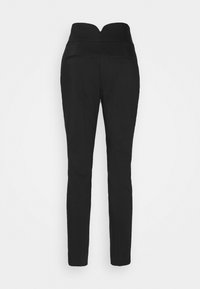 Svarta figurnära byxor med slät yta, hög midja och bakfickor. Rakt ben med inga synliga mönster eller detaljer.