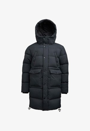 Lange zwarte gewatteerde parka met capuchon, knoopsluiting aan de voorkant, twee borstzakken, twee zakken met klep voor de handen en verstelbare hem toggles.
