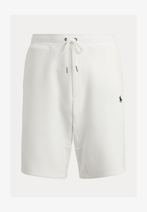 Hvite bomullsshorts med elastisk midje, snøring, sidelommer og en liten svart logo på nedre venstre side.