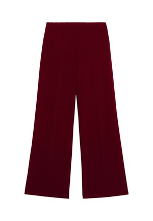 Pantaloni cu picioare largi dintr-un material bordeaux închis. Au o textură netedă, talie înaltă și pliseuri frontale pentru un aspect elegant.