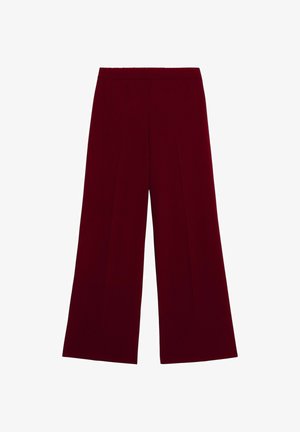 Wide-legged trousers in a deep burgundy fabric. Features a smooth texture, a high waist, and front pleats for a tailored look.