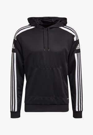 Sweatshirt à capuche noir en tissu lisse, avec des rayures blanches sur les manches et une poche avant. Comprend des cordons de serrage et un logo sur la manche.