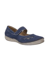 Blaue Wildleder-Mary-Jane-Schuhe mit abgerundetem Zehenbereich, ausgeschnittenem Design und einem Riemen über dem Spann. Sie besitzen eine hellfarbige Gummisohle.