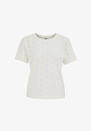 Biela blúzka s krátkym rukávom, okrúhlym výstrihom a kvetinovým vzorom dierkovaného vyšívania po celej látke.