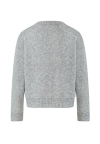 Grauer Strickpullover mit einem strukturierten Rautenmuster, geripptem Saum und langen Ärmeln. Die Rückansicht zeigt einen glatten Kragen und Nähte.