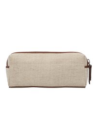 Canvas-Stiftetui in Beige mit strukturierter Oberfläche, braunen Lederelementen und einem Reißverschluss. Verfügt über eine rechteckige Form.
