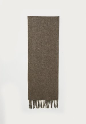 Brown wool scarf with long fringes hanging against a white background.