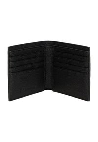 Portafoglio nero in pelle con finitura testurizzata, dotato di molteplici scomparti per carte e un vano centrale, il tutto in un design bifold.