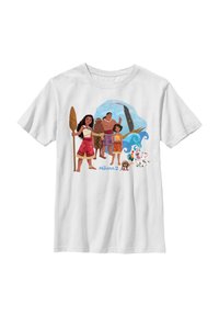 Bílá bavlněná tričko s barevným grafikem postav z filmu Moana, včetně moře a lodi v pozadí.