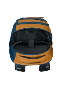 Zaino blu e arancione con apertura con zip, dotato di un interno a motivo e di un compartimento imbottito per lo stoccaggio.