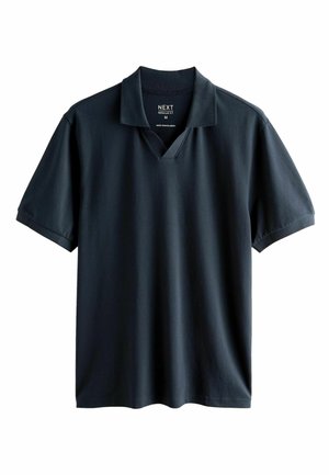 Polo nera a maniche corte con colletto morbido, apertura a V e vestibilità regolare, taglia media, prodotta in Bangladesh.