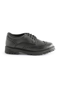 Chaussure habillée en cuir noir avec des détails perforés, design à lacets, bout rond et semelle robuste pour une meilleure adhérence et durabilité.