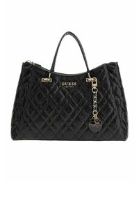 Sac à main matelassé noir avec quincaillerie dorée, double poignée, logo de la marque et un pendentif amovible. Texture lisse avec motif en losanges.