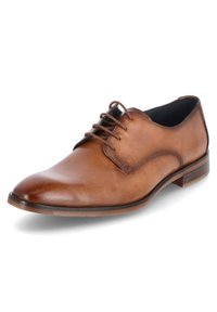Scarpa da uomo in pelle marrone con finitura lucida, punta affusolata e quattro passanti per i lacci. Presenta una suola in gomma sottile e piatta e cuciture sottili.