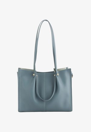 Blaue Ledertasche mit doppelten Schulterriemen und sichtbaren Nähten auf weißem Hintergrund.