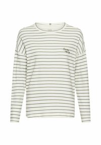 Witte long-sleeve top met groene horizontale strepen, ronde halslijn en geborduurd detail op de borst. Zachte stof met een relaxte pasvorm.