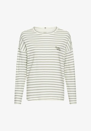 Haut à manches longues blanc avec des rayures horizontales vertes, encolure ronde et détails brodés sur la poitrine. Tissu doux avec une coupe décontractée.