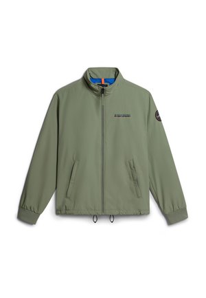 Light green jacket with a zip closure, stand collar, two side pockets, elastic cuffs, and a blue interior lining. Features logo accents.