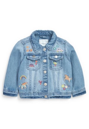 Veste en jean bleu clair pour enfants avec boutons pression et motifs brodés colorés de licornes, voitures, fleurs et un arc-en-ciel.