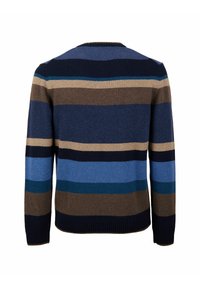 Maglione a righe da uomo con scollo rotondo, realizzato in tessuto lavorato a maglia e righe alternate in tonalità di blu, marrone e navy.