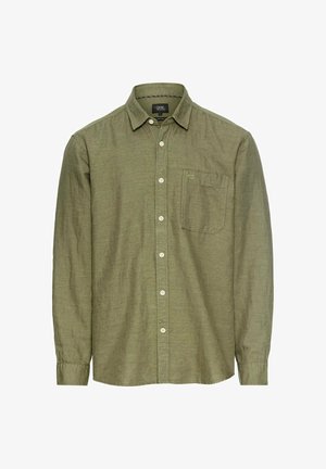 Oliwkowa, długosleeve koszula zapinana na guziki z teksturowanej tkaniny, z kieszonką na piersi i białymi guzikami. Posiada klasyczny kołnierz i regulowane mankiety.