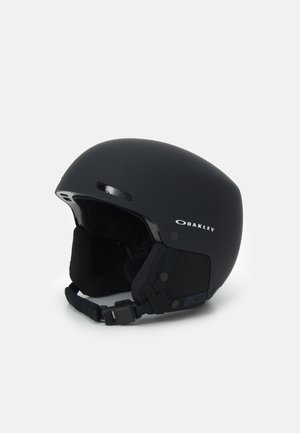 Black ski helmet with a smooth matte finish, streamlined shape, ventilation openings, adjustable strap, and padded inner lining for comfort.
