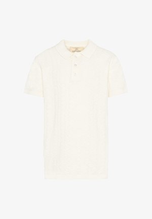 Polo blanc à manches courtes avec col et trois boutons, présentant un motif texturé subtil sur tout le tissu.