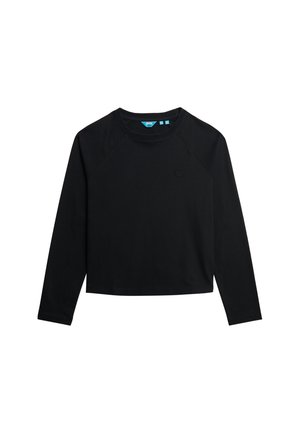 Camiseta negra de manga larga con escote redondo, textura suave y mangas raglán. Presenta un logo sutil en la parte delantera y un corte corto.