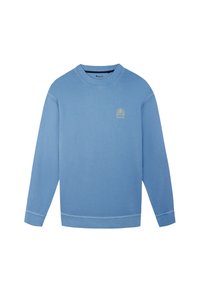 Lichtblauw sweatshirt met lange mouwen, ronde hals, met een klein gouden logo op de borst. Zacht katoenmateriaal, eenvoudig ontwerp.