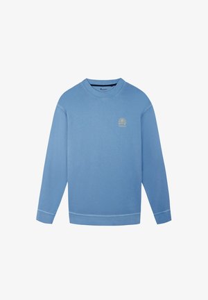 Hellblaues Sweatshirt mit langen Ärmeln, Rundhalsausschnitt, mit einem kleinen goldenen Logo-Design auf der Brust. Weiches Baumwollmaterial, einfaches Design.
