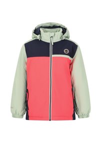 Vindjakke med hætte, i et farveblokdesign i pink, marineblå og grøn. Lynlås lukning og sidelommer. Glat tekstur.