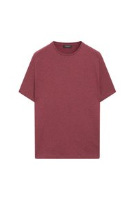 T-shirt color bordeaux realizzata in un tessuto morbido e testurizzato. Presenta un collo rotondo e maniche corte, con una vestibilità rilassata e ampia, senza grafiche visibili.