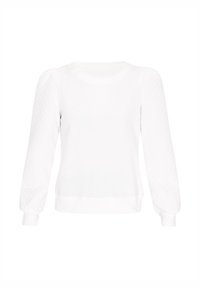 Hvid striktrøje med rund hals, lange quiltede ærmer og tekstureret krop. Har ribbet kant og manchetter, som giver et tætsiddende udseende.