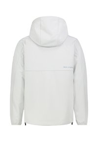 Hellgraue Jacke mit Kapuze, die ein einfaches Design, elastische Bündchen und ein blaues Logo auf dem Rücken aufweist. Glatte Textur mit lockerer Passform.