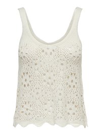 Débardeur en tricot blanc avec un motif de crochet lâche, un ourlet en forme de vague, de larges bretelles et un décolleté en forme arrondie. Design léger et respirant.