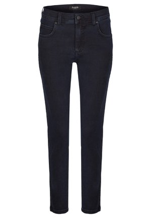 Ciemnoniebieskie slim fit jeansy z zapięciem na guzik i zamek błyskawiczny, szlufkami na pasek oraz kieszeniami z przodu i z tyłu.