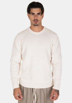Maglione bianco a maglia con colletto rotondo e polsini e orlo a costine. La texture è evidente, con un motivo tradizionale su tutta la superficie.