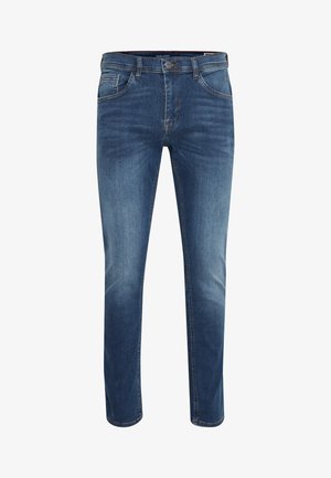 Schmal geschnittene blaue Jeans aus Denim mit mittlerer Waschung, fünf Taschen und kontrastierenden Nähten. Verfügt über einen Knopfverschluss und Gürtelschlaufen.