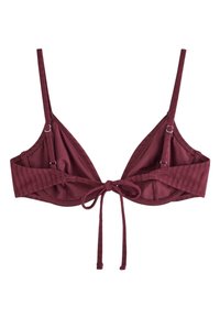 Top bikini a triangolo color granata con spalline regolabili e chiusura frontale a fiocco, realizzato in tessuto a coste.