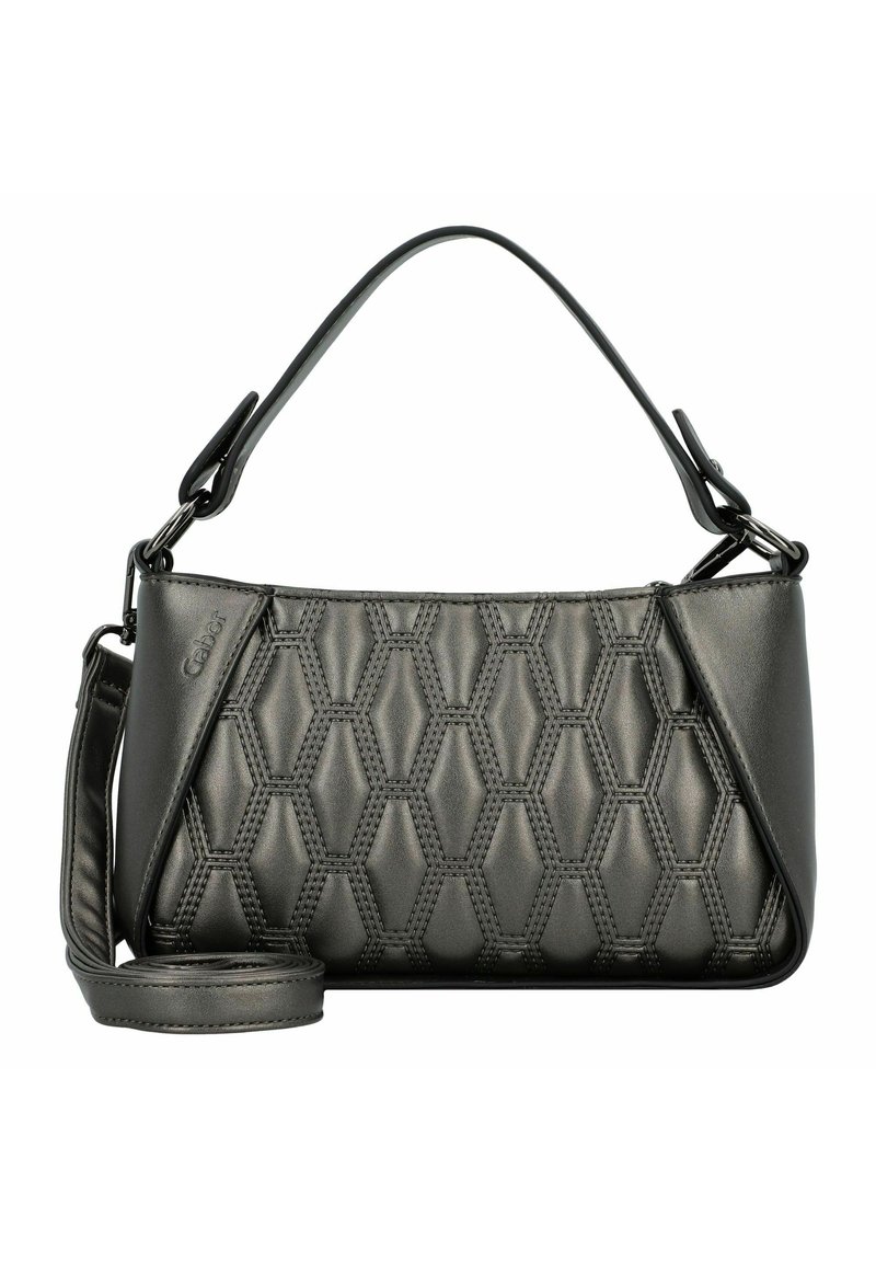 Bolso de mano acolchado negro con patrón hexagonal, con acabado suave, asa superior y correa de hombro desmontable.