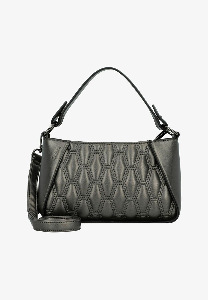 Bolso de mano acolchado negro con patrón hexagonal, con acabado suave, asa superior y correa de hombro desmontable.